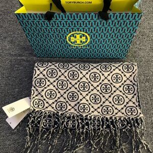 Tory Burch Blue and Cream Patterned Scarf